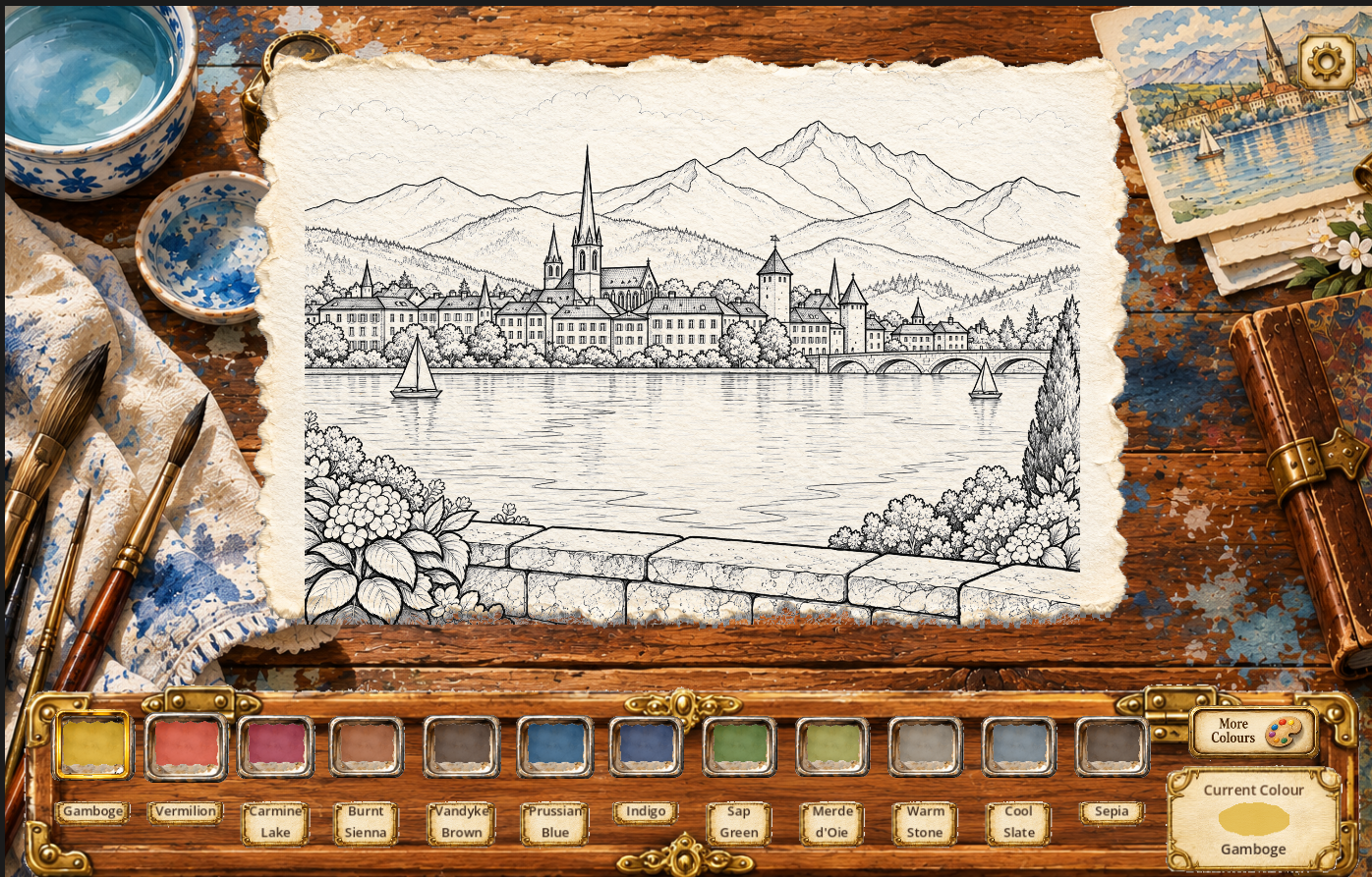 Painting mini-game showing a lakeside town sketch, brushes and a palette of period paint colours
